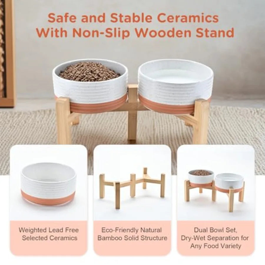 Elevated Dog Bowls Ceramic, 6.1'' Dogs and Cat Food Water Bowls Raised with Non-Slip Bamboo Stand for Medium Sized Breed Microw