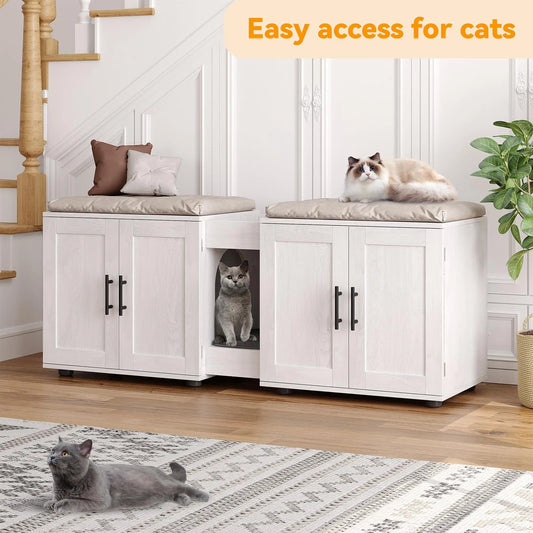 Litter Box Enclosure with Double Room, Cat Hidden Litter Box Enclosure Furniture for 2 Cats, Wooden Enclosed Cat Litter Box Furn