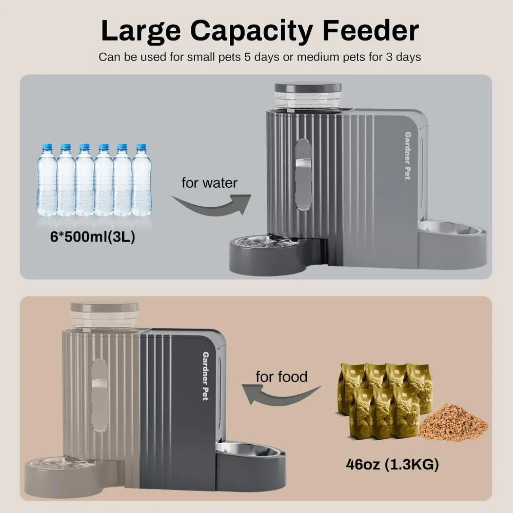 Automatic Gravity Cat Food Feeder and Water Dispenser Stainless Steel Two-in-One Set Large Capacity Dispenser for Pets Dogs, Pu