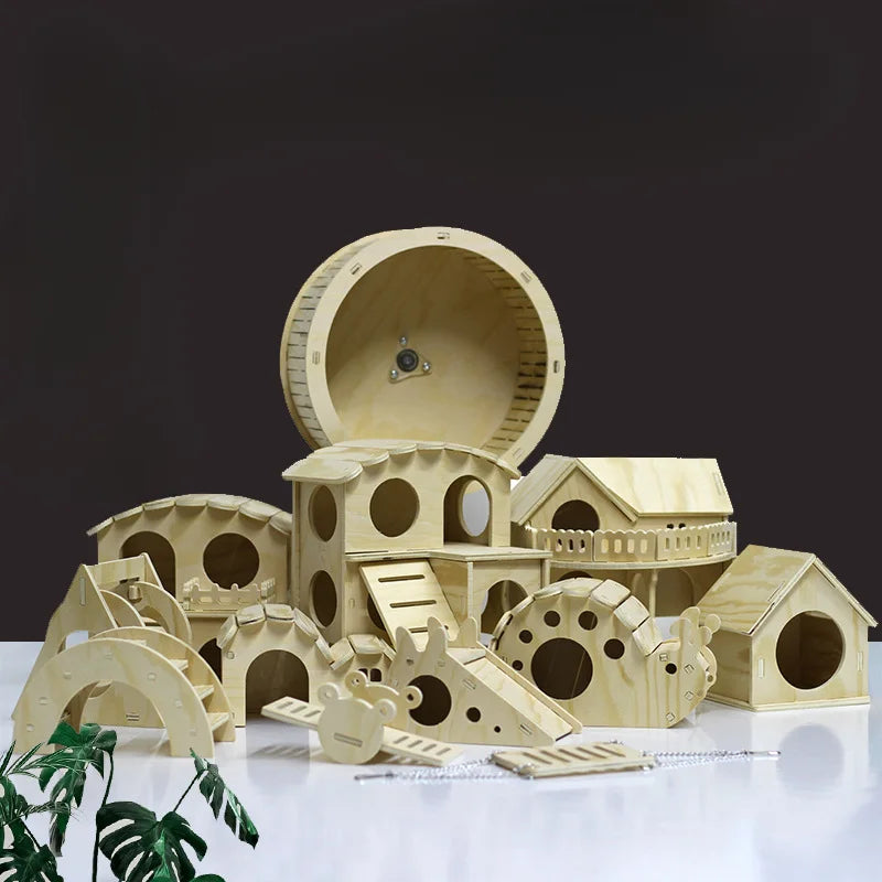 Hamster Toys Wooden Furniture Hamster Cages Wooden Running Wheels Villas Swings Wooden Nests Bite Resistant Small Houses