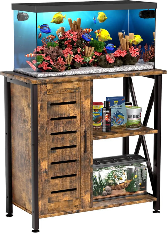 Heavy Duty Metal Fish Tank Stand for 20-29 Gallon Aquariums, Rustic Brown with Storage Cabinet, 330LBS Capacity