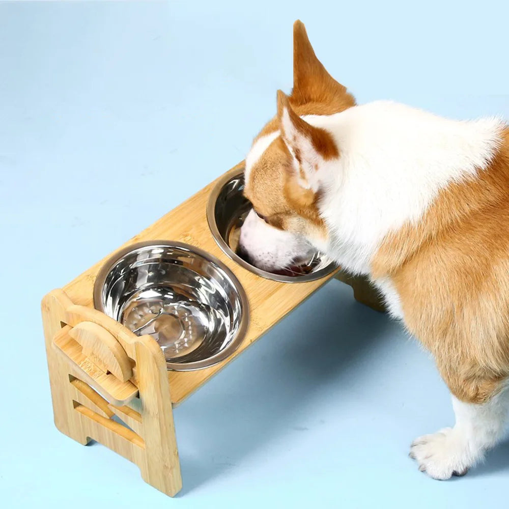 Adjustable wooden raised dog bowl stand with 2 stainless steel bowls for small dogs and cats, sturdy wooden pet food feeder