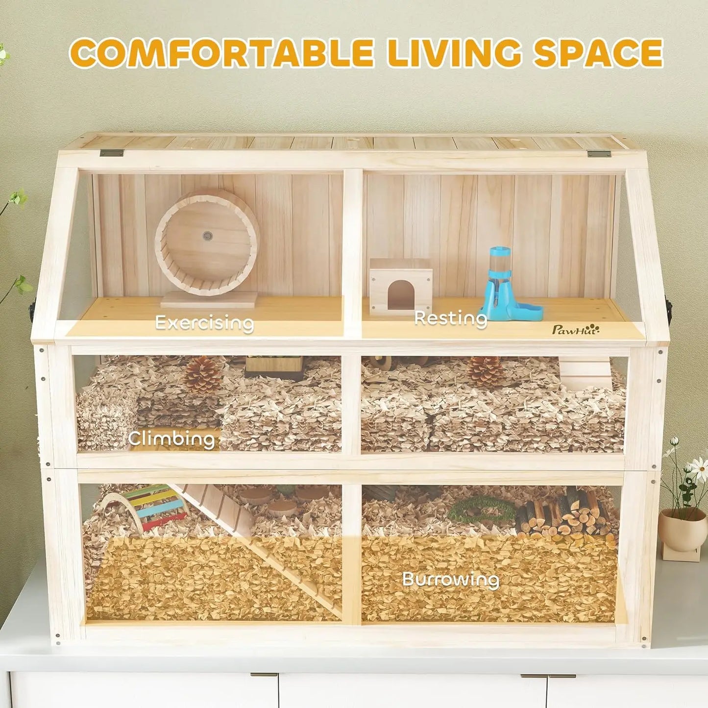 Wooden Hamster Cage, 3 Tier Small Animal Cage with Detachable 12.4" Deep Bottom, Hut, Seesaw, Exercise Wheel,, Customized