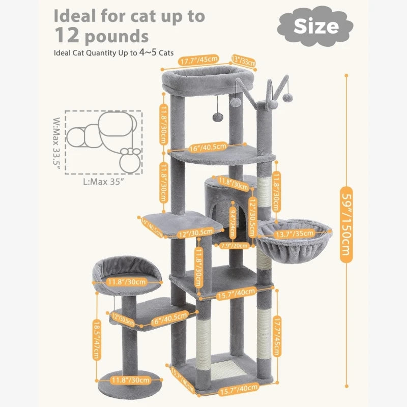 60.62 Inches Multi-Level Cat Tree Cat Tower for Indoor Cats with Sisal-Covered Scratching Post, Cozy Cat Condo, Padded Top Perch