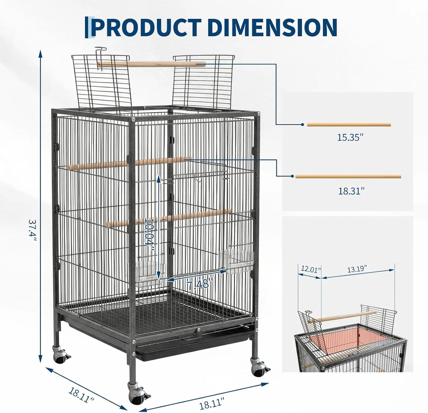 Heavy Duty Metal Bird Cage with Play Top and Rolling Stand,Spacious Flight Cage for Parakeets, Canaries, Lovebirds Easy Assembly