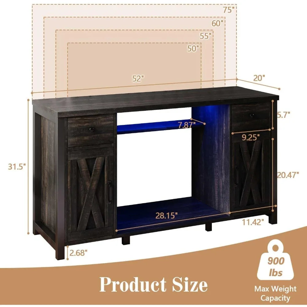 Gallon Fish Tank Stand with LED Light & Power Outlets, 55-75 Gallon Heavy Duty Metal Aquarium Stand with Drawers & Barn Doors