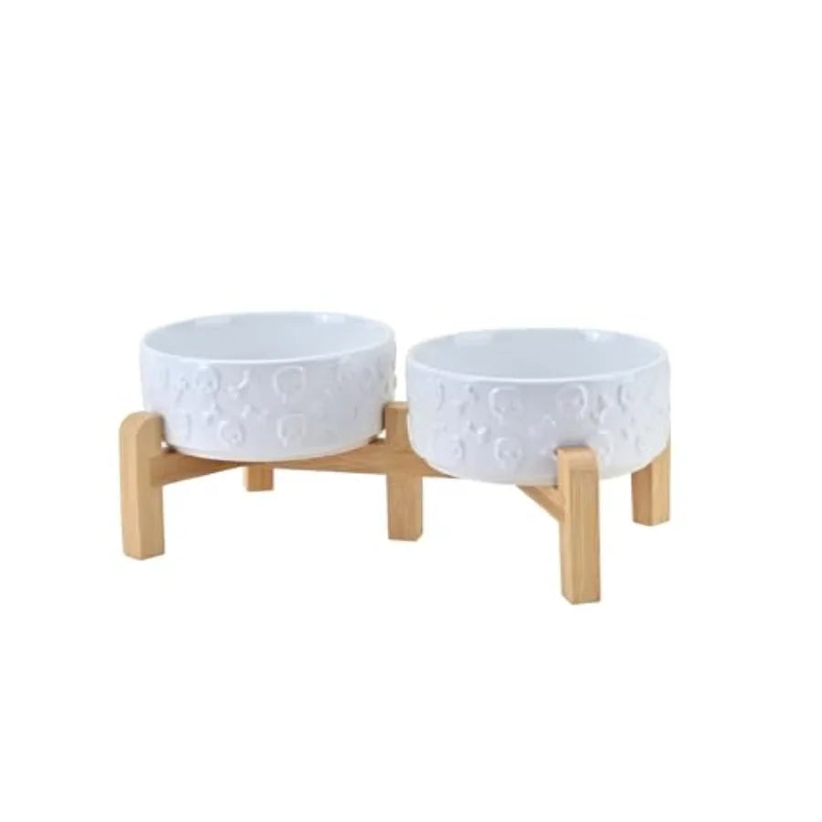 Elevated Dog Bowls Ceramic, 6.1'' Dogs and Cat Food Water Bowls Raised with Non-Slip Bamboo Stand for Medium Sized Breed Microw