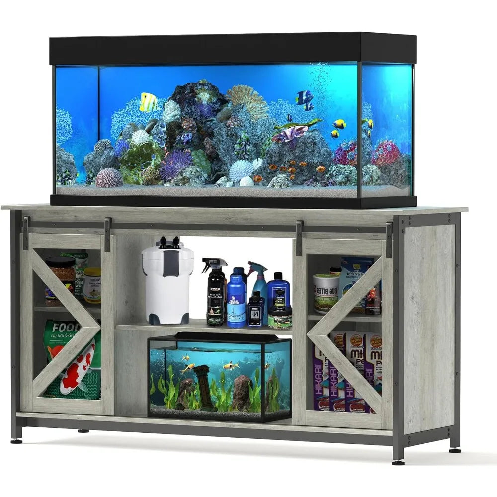 55-75 Gallon Fish Tank Stand, Aquarium Stand with Sliding Barn Door & Cabinet for Fish's Tank Accessories Storage, Heavy Duty