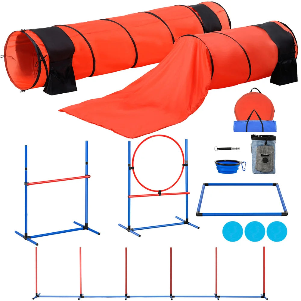Dog Agility Training Equipment 7 PCS Set Upgrade W Hurdles 2 Tunnels Ring