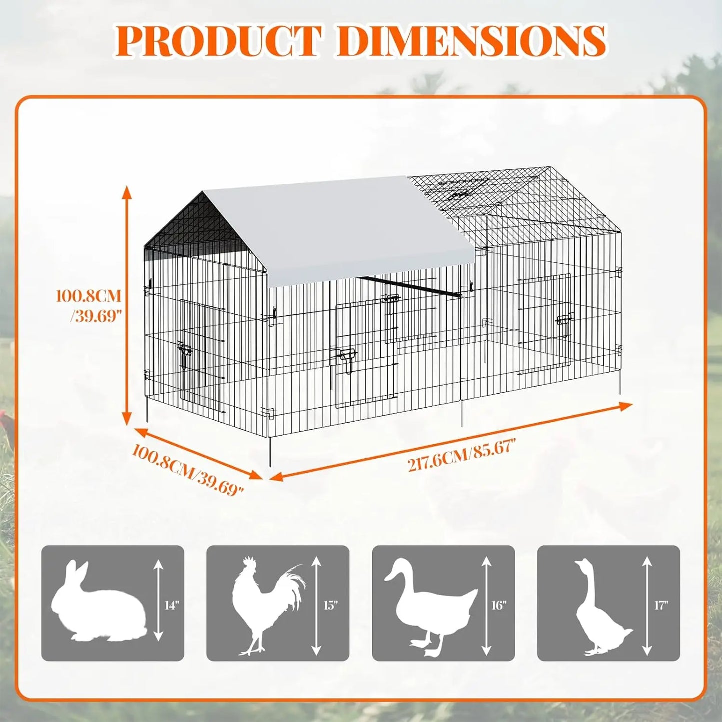 Large Metal Chicken Coop with Run, Outdoor Poultry Cage for Backyard, Waterproof Cover Chicken House for Hens Ducks Rabbits
