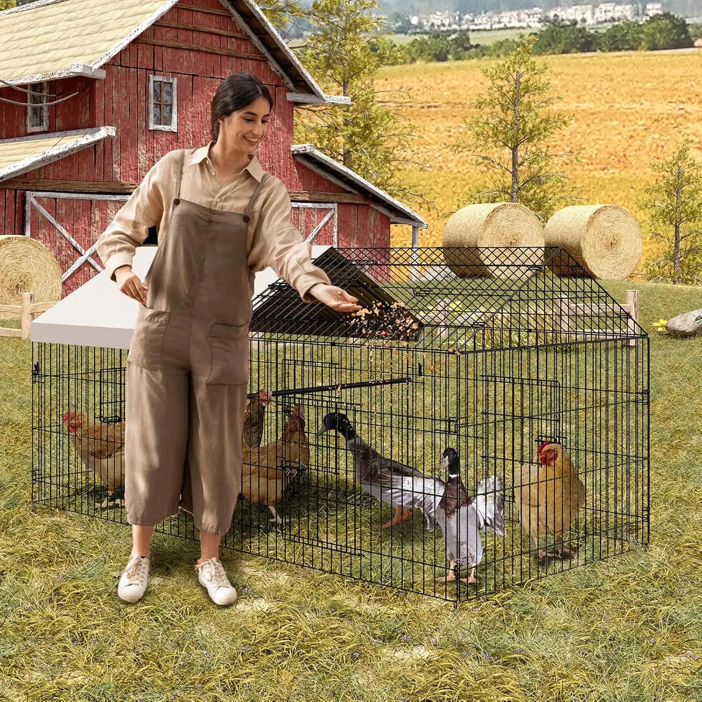 Large Metal Chicken Coop with Run, Outdoor Poultry Cage for Backyard, Waterproof Cover Chicken House for Hens Ducks Rabbits