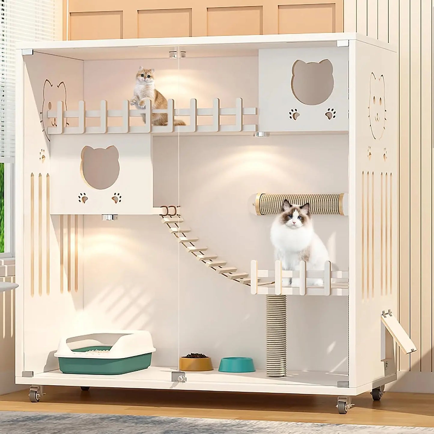 Large Cat Cage, Wooden Cat House for Outdoor/Indoor Cats, Multi-Feature Cat Condo with Scratching Posts and Wheels,, Custom