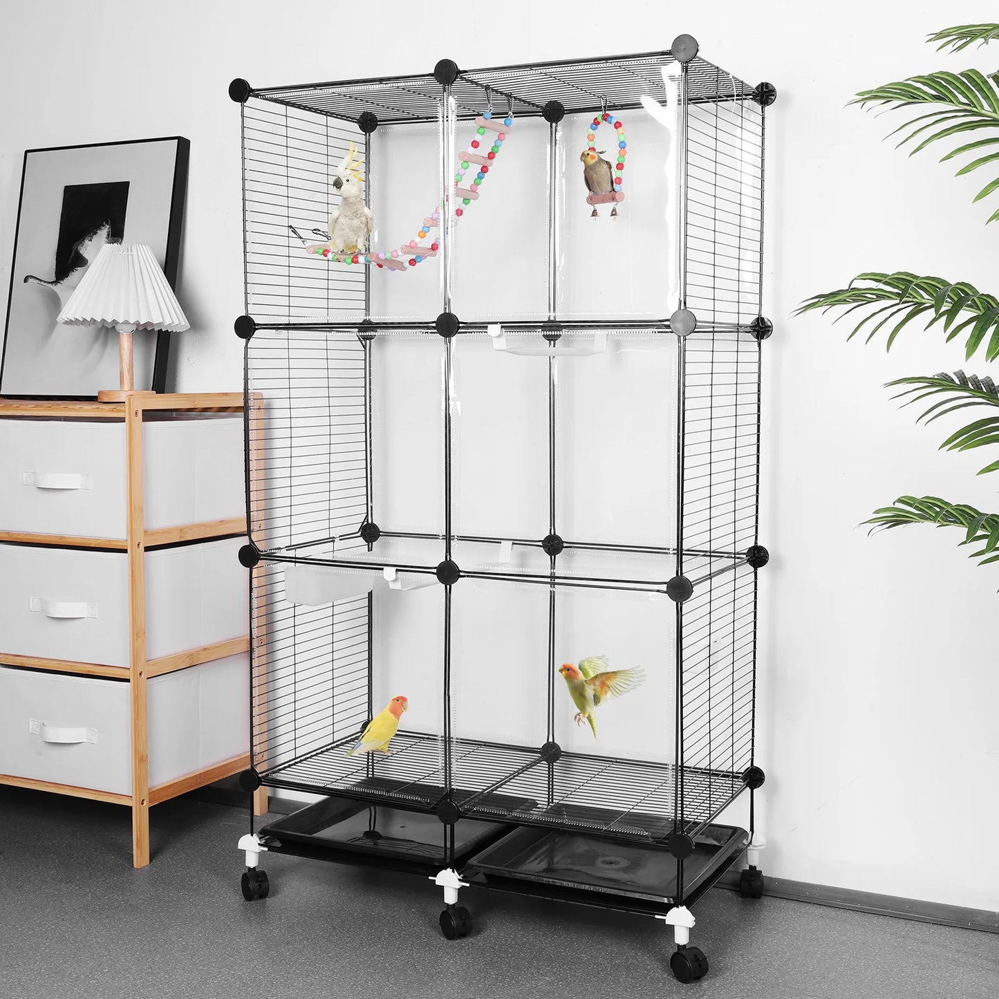 Bird Cage Universal Wheel Metal Parrot Cage with Stand Tray Swing Ladder (Black)