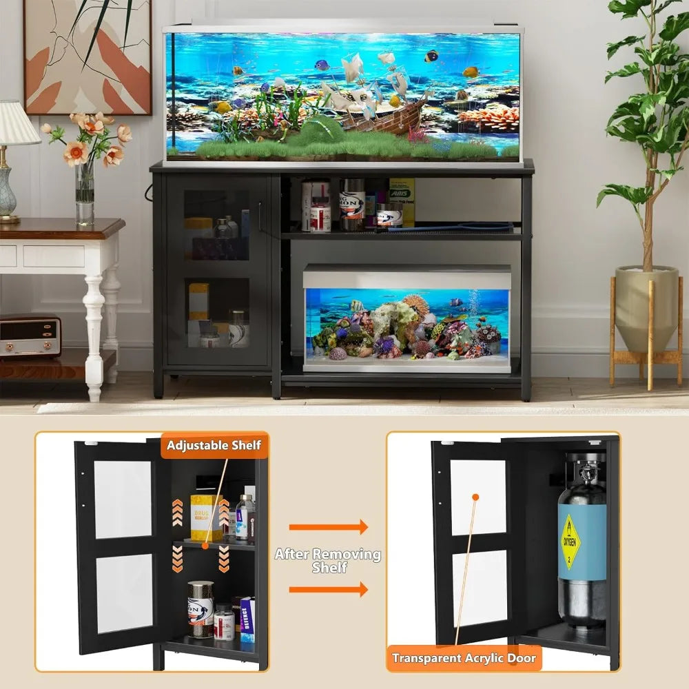 55-75 Gallon Fish Tank Stand, Aquarium Stand with Cabinet & Power Outlets for Fish Tank Accessories Storage, Heavy Duty Metal