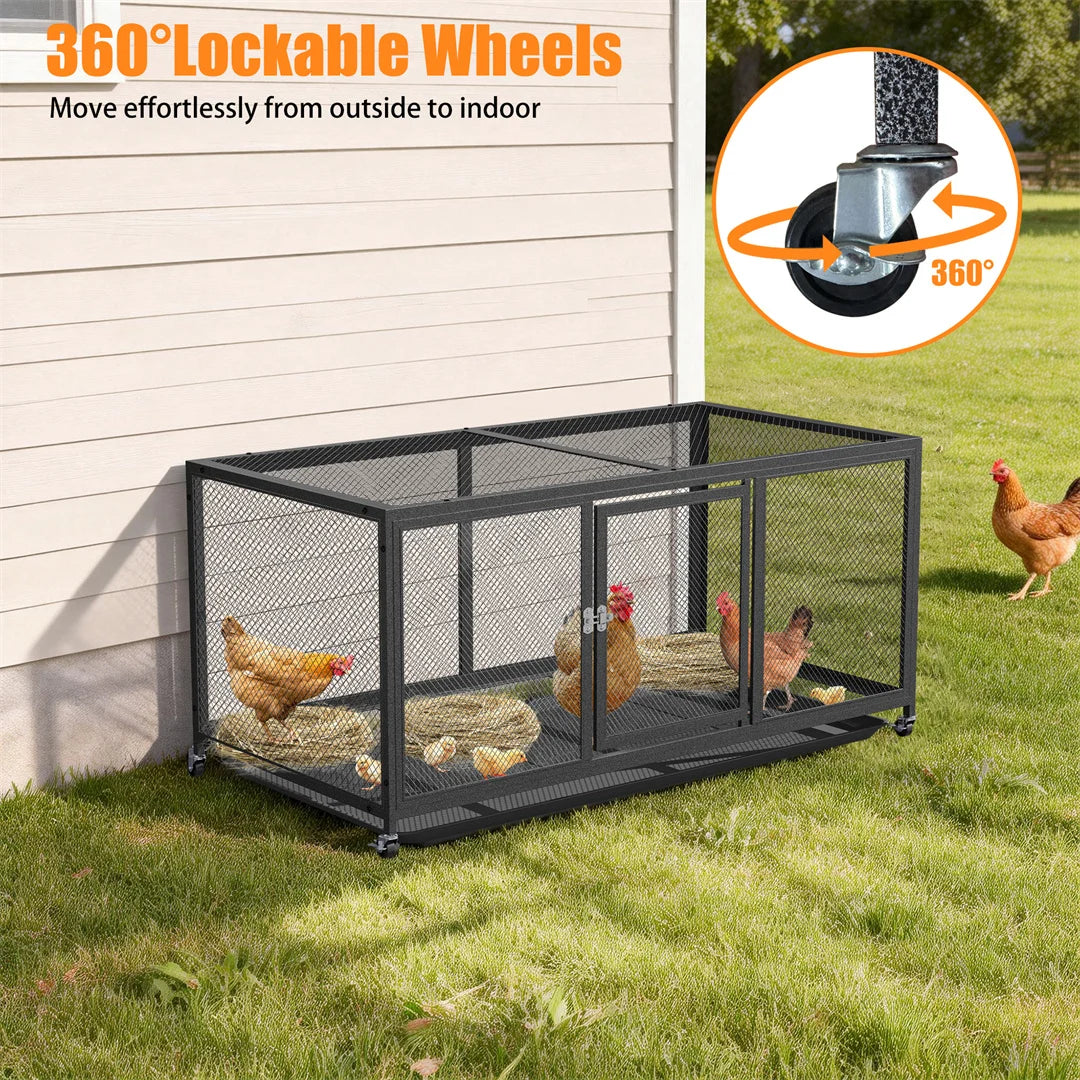 Outdoor Heavy Duty Metal Chicken Coop Poultry Cage with Anti-UV Cover, Feeding Door & Wheels for Duck Rabbits