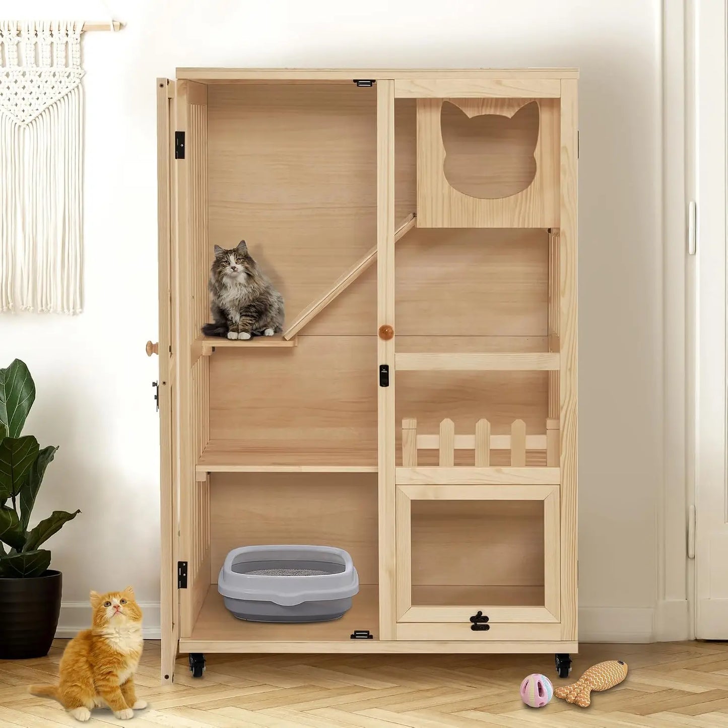 Wooden Cat Houses for Indoor Cats, Luxury Kitten House with Scratching Pad, Lockable Doors, Wheels, CT090, Custom