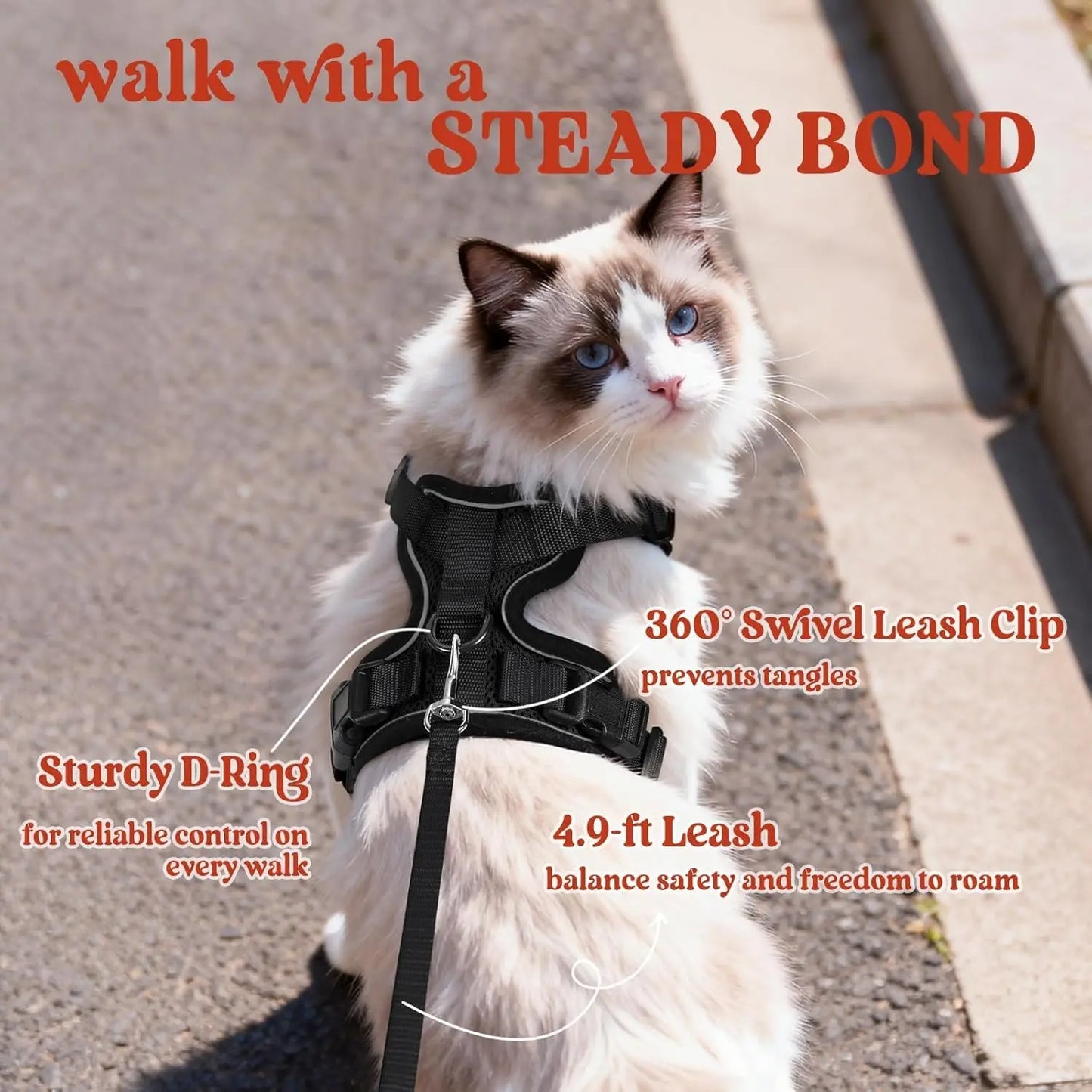 Escape Proof Cat Harness and Leash, Adjustable Soft Vest with Reflective Strips for Easy Walking Control, Black XS