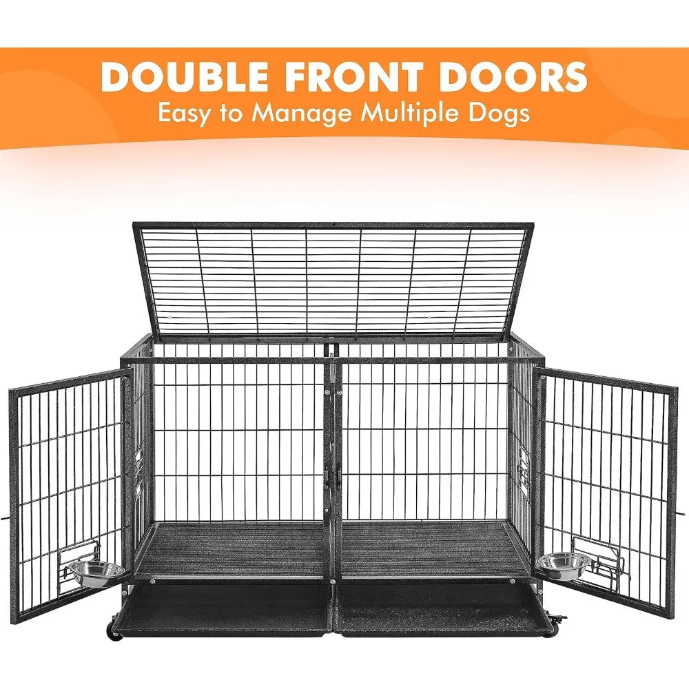 42'' Stackable Dog Crate w/Divider Heavy Duty Dog Cage with Open Top/2 Removable Trays Rolling Pet Cage