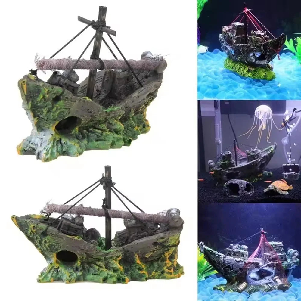 Random Style Fish Tank Shipwreck Pirate Ship Ornament Simulation Underwater World Fish Tank Landscape Ornament Resin Decoration