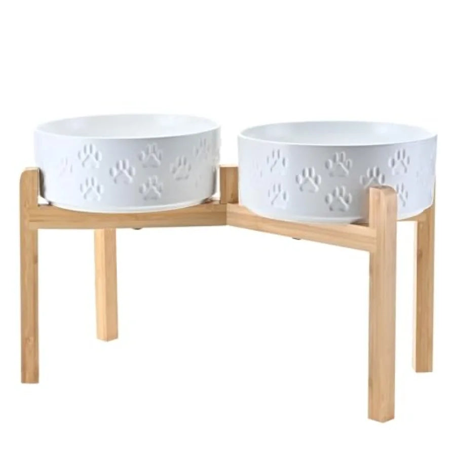 Elevated Dog Bowls Ceramic, 6.1'' Dogs and Cat Food Water Bowls Raised with Non-Slip Bamboo Stand for Medium Sized Breed Microw