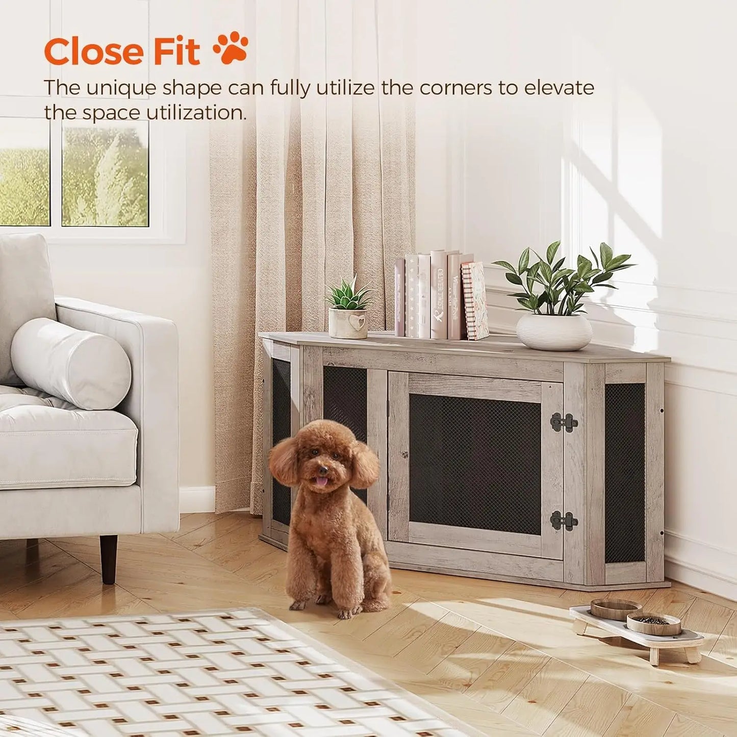 Corner Dog Crate Furniture, Wooden Kennel End Table for Small Medium Dogs, Decorative Pet Cage Indoor Use