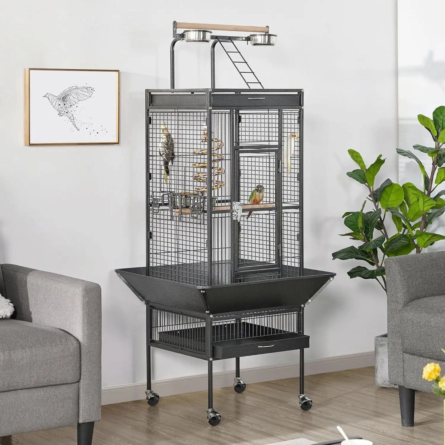 61in Large Parrot Cage Playtop Wrought Iron with Rolling Stand for Cockatiels Amazon Parrot Conure Lovebird Black