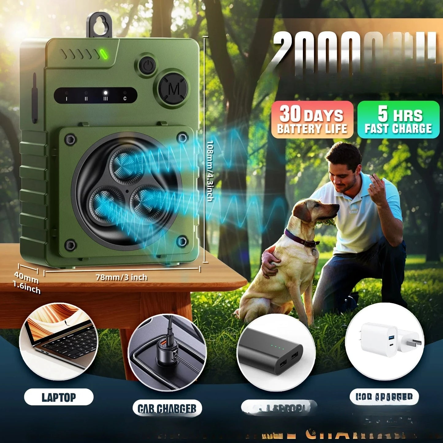 Repellent Automatic Ultrasonic Dog Anti-Bark Device Rechargeable High Power Indoor & Outdoor Dog Barking Stopper