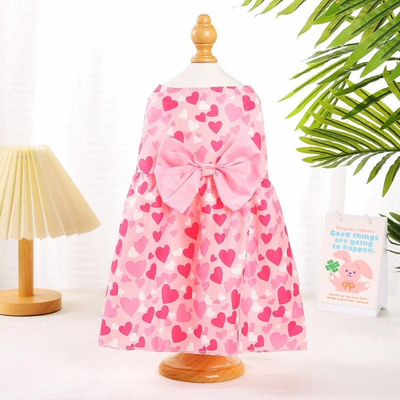 Spring Dog Princess Dress Heart Patten Pet Skirt Cute Dog‘s Summer Dress Bow Lace for Small Medium Puppy Poodle Chihuahua
