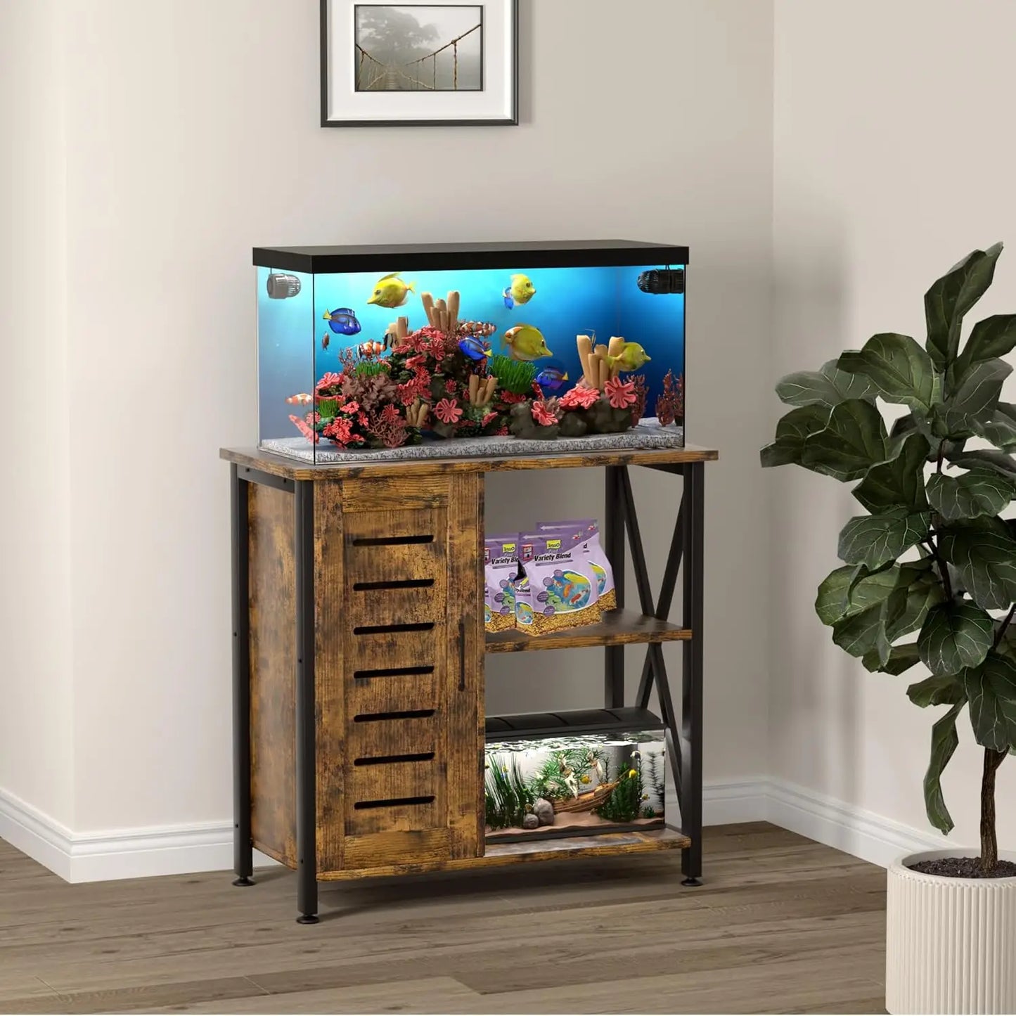 Heavy Duty Metal Fish Tank Stand for 20-29 Gallon Aquariums, Rustic Brown with Storage Cabinet, 330LBS Capacity