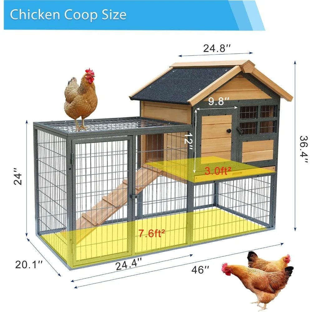 chicken coop and run, two story rabbit hutch indoor outdoor, waterproof metal frame hen house with nesting box rabbit cage, deep