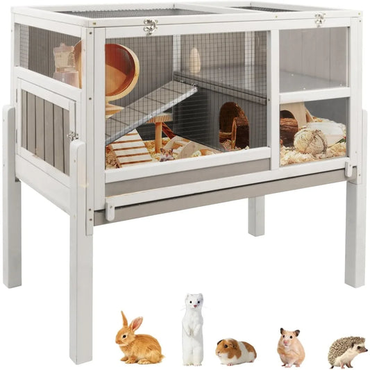 Pig Cages Indoor, Wooden Guinea Pig Cages with Stand, Rabbit Cage Hutch with Ramp and Hideout, Small Animals Cage Habitat