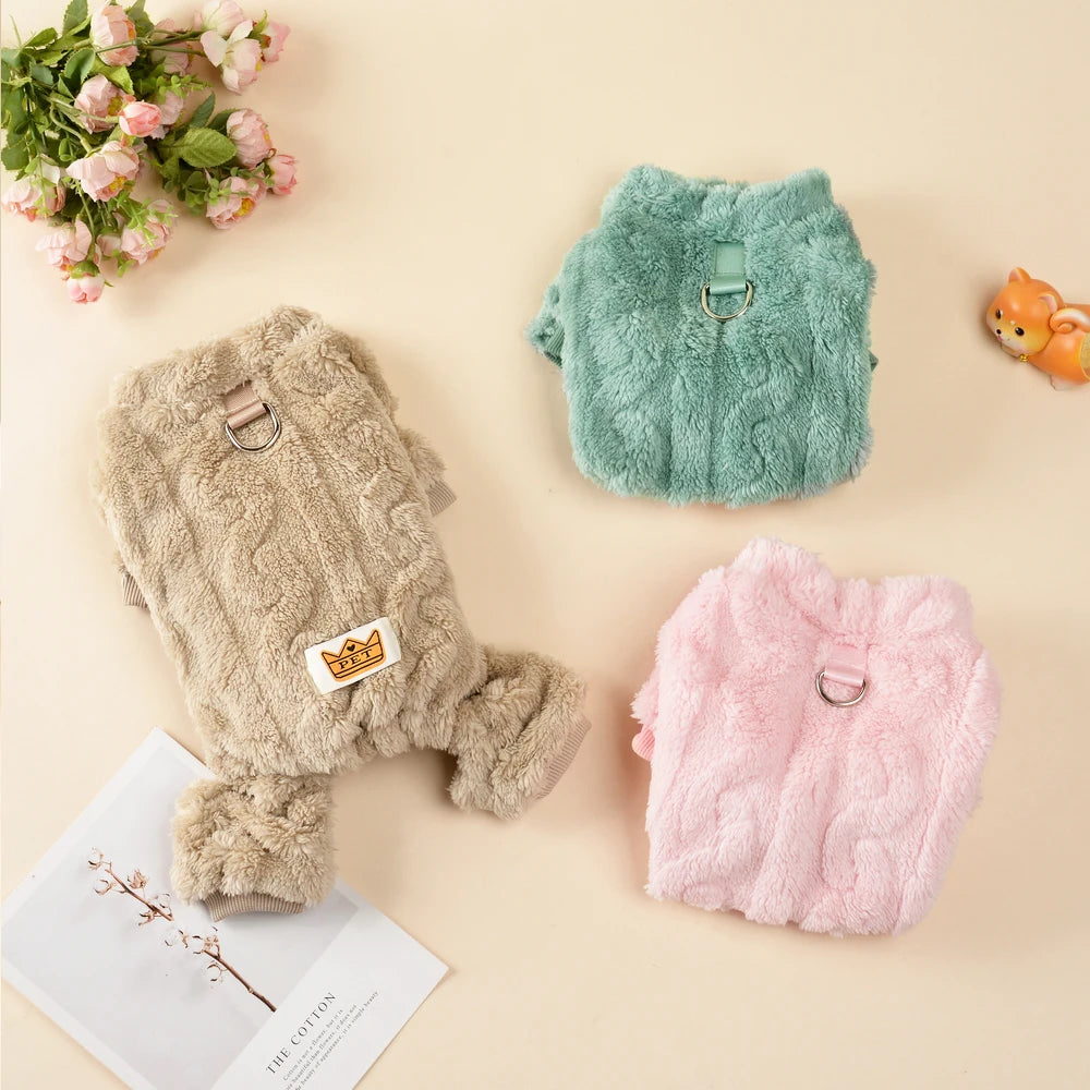 Warm Pet Clothes Winter Soft Solid Puppy Jumpsuits For Small Medium Dogs Cats With D-ring Pullover Overall Chihuahua Costume