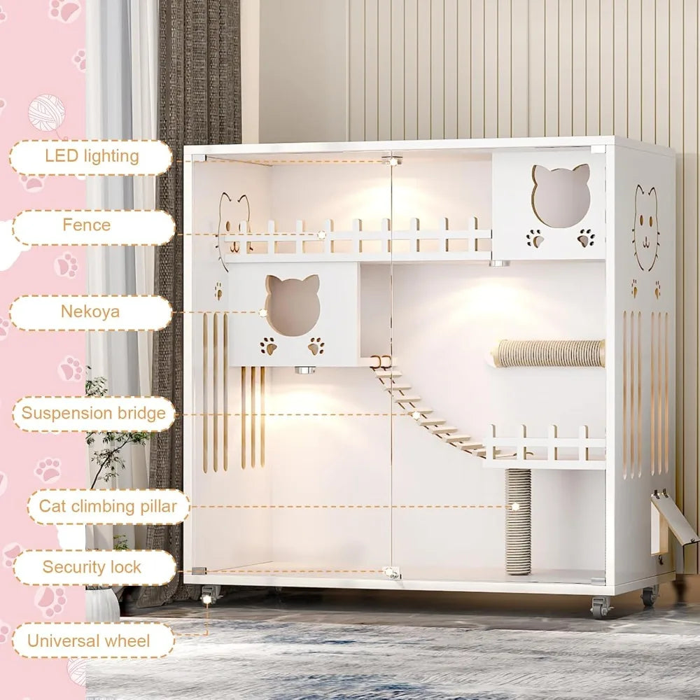 Large Indoor Wooden Cat Cage with Wheels Multi-Feature Enclosed Condo House for Cats with Ventilation