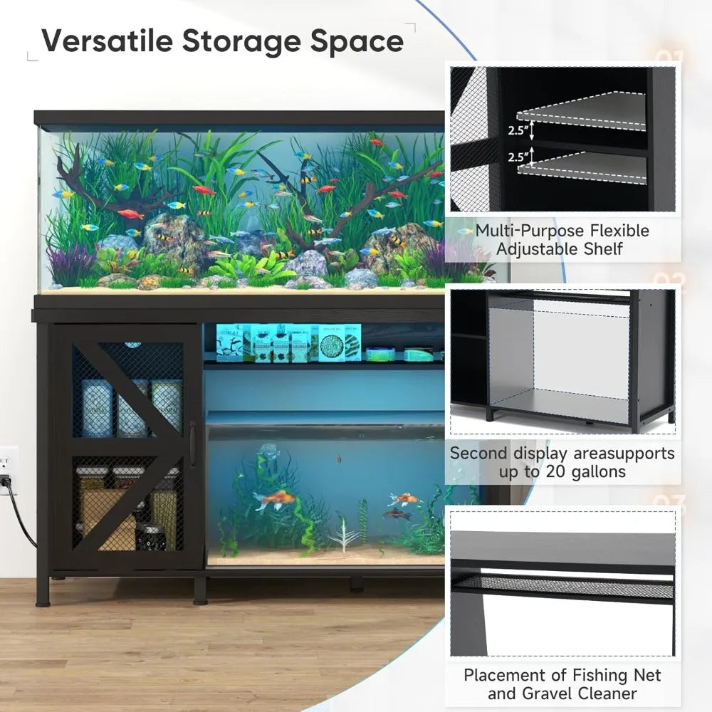 55-75 Gallon Aquarium Stand with Storage Cabinet, Fish Tank Stand with Power Outlets & LED Light, Wooden Turtle Tank 52 i