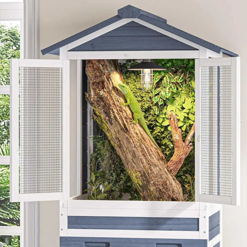 Large Wooden Reptile Enclosure for Bearded Dragons, Geckos, Lizards, and Chameleons with Storage, Ventilation, and Wheels