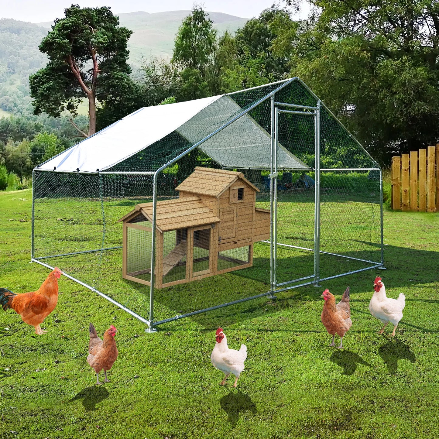 Teousev 10x 10 Ft Metal Chicken Coop Chicken Run Backyard Hen House Poultry Habitat Cage