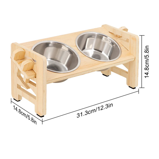 Adjustable wooden raised dog bowl stand with 2 stainless steel bowls for small dogs and cats, sturdy wooden pet food feeder