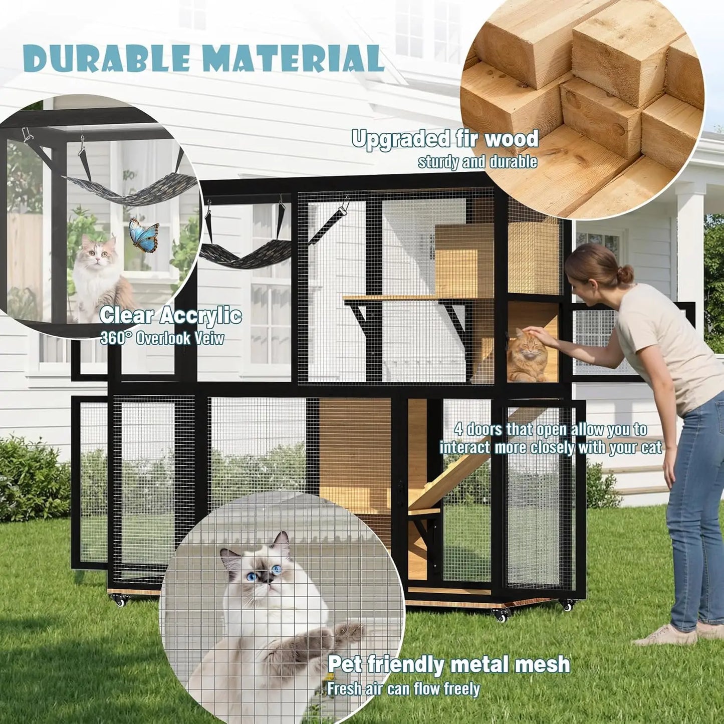 Catio Outdoor Cat Enclosure on Wheels, 4 Tier Large Cat House for Multiple Cats with Resting Box and Hammock, Indoor, Custom