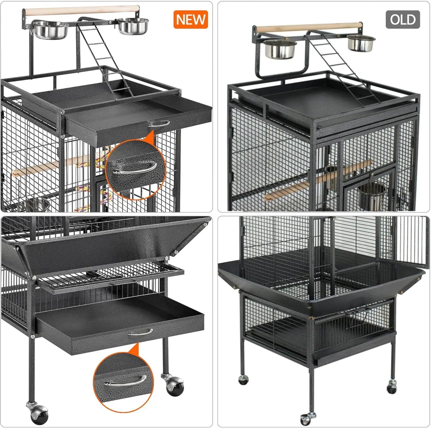 61in Large Parrot Cage Playtop Wrought Iron with Rolling Stand for Cockatiels Amazon Parrot Conure Lovebird Black
