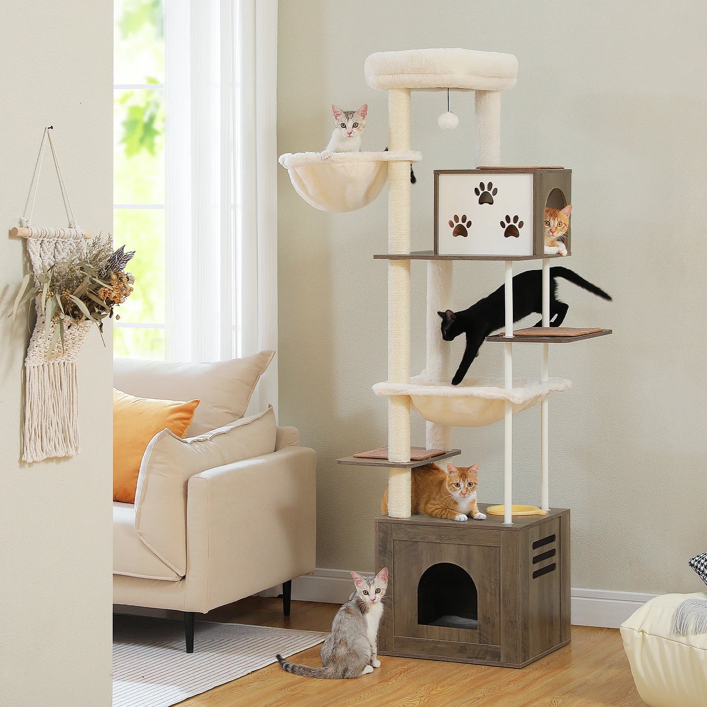 Large Cat Tree Wooden Tower with Extra Large Condos and Hammocks Modern Cat House with Spacious Perch Sisal Posts and Steel Tube