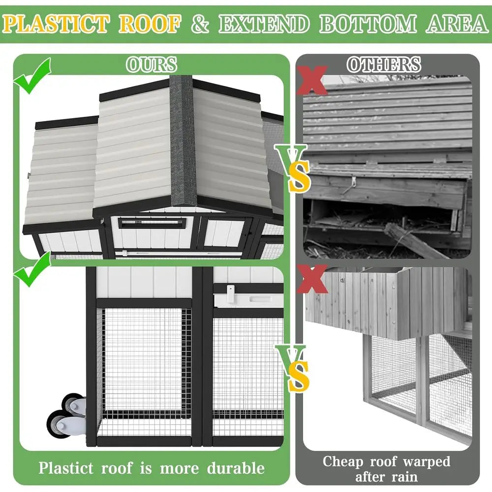Chicken Coop and Run with Wheels, Portable Two SRabbit Hutch Indoor Outdoor, Wooden Hen House with Nesting Box, p & Deep No Leak
