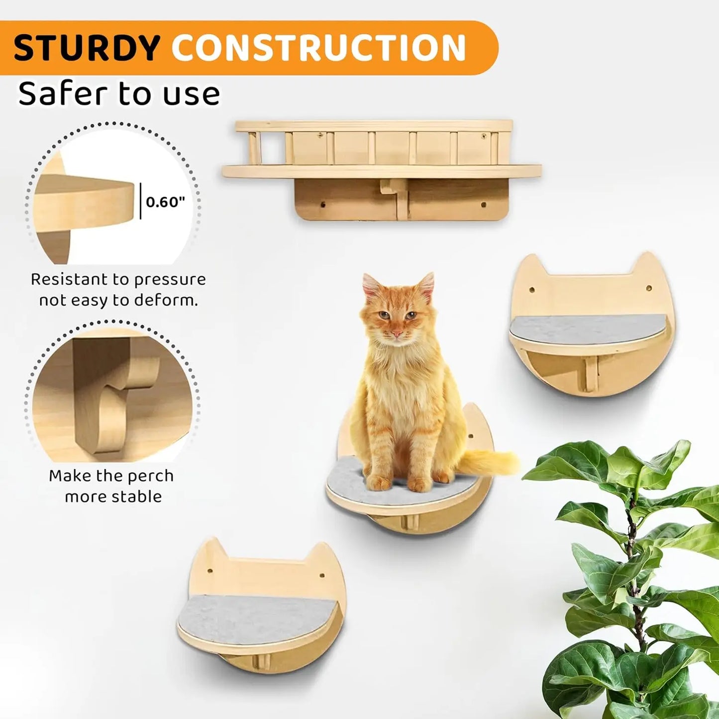 Cat Wall Shelves with 3 Steps – Modern Wood Wall Mounted Furniture, Climber & Perch Shelf for Cats up to 30lbs – Sturdy