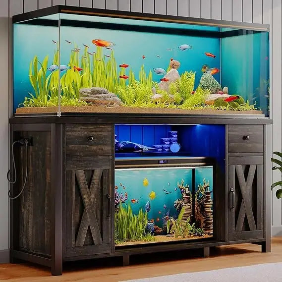 Gallon Fish Tank Stand with LED Light & Power Outlets, 55-75 Gallon Heavy Duty Metal Aquarium Stand with Drawers & Barn Doors