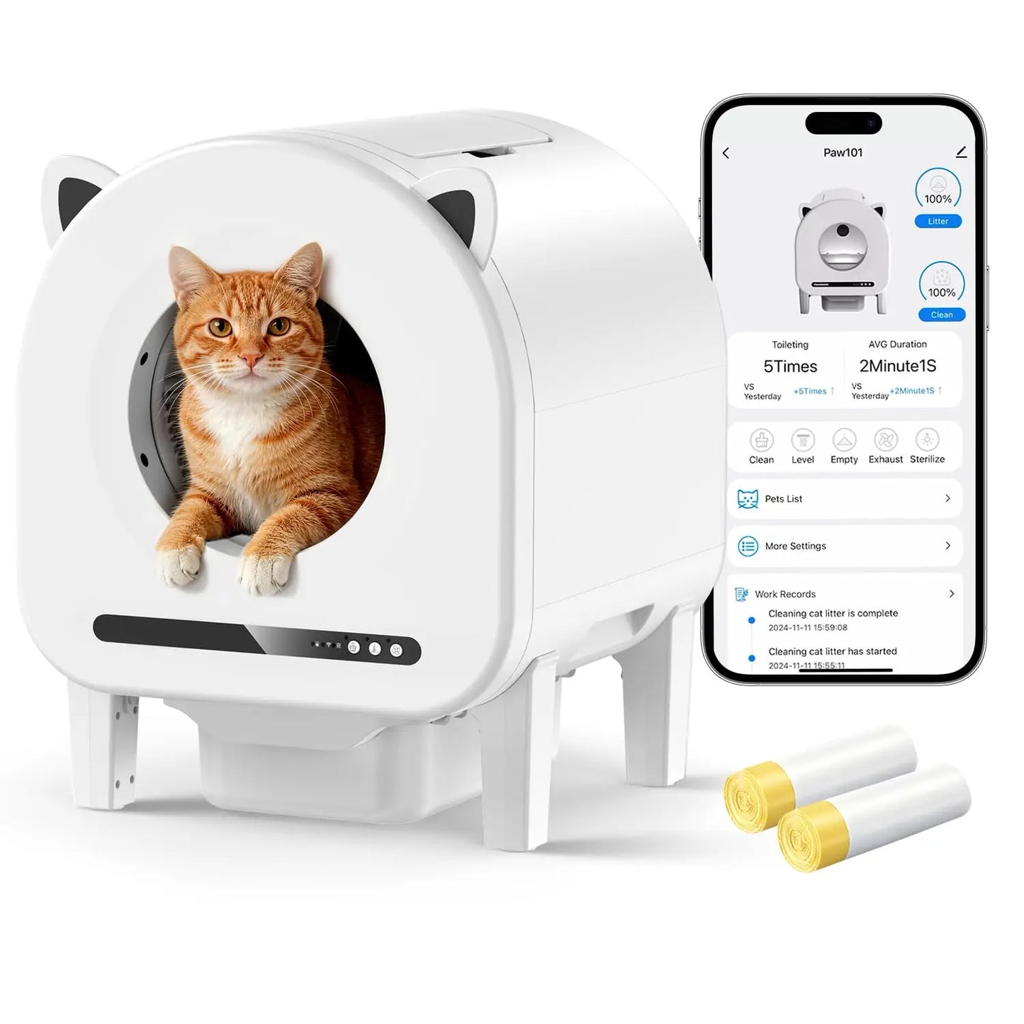 Automatic Litter Box, 68L Self-Cleaning Cat Litter Box Large Capacity for Multiple Cats, App Control, Dual Safety, Custom