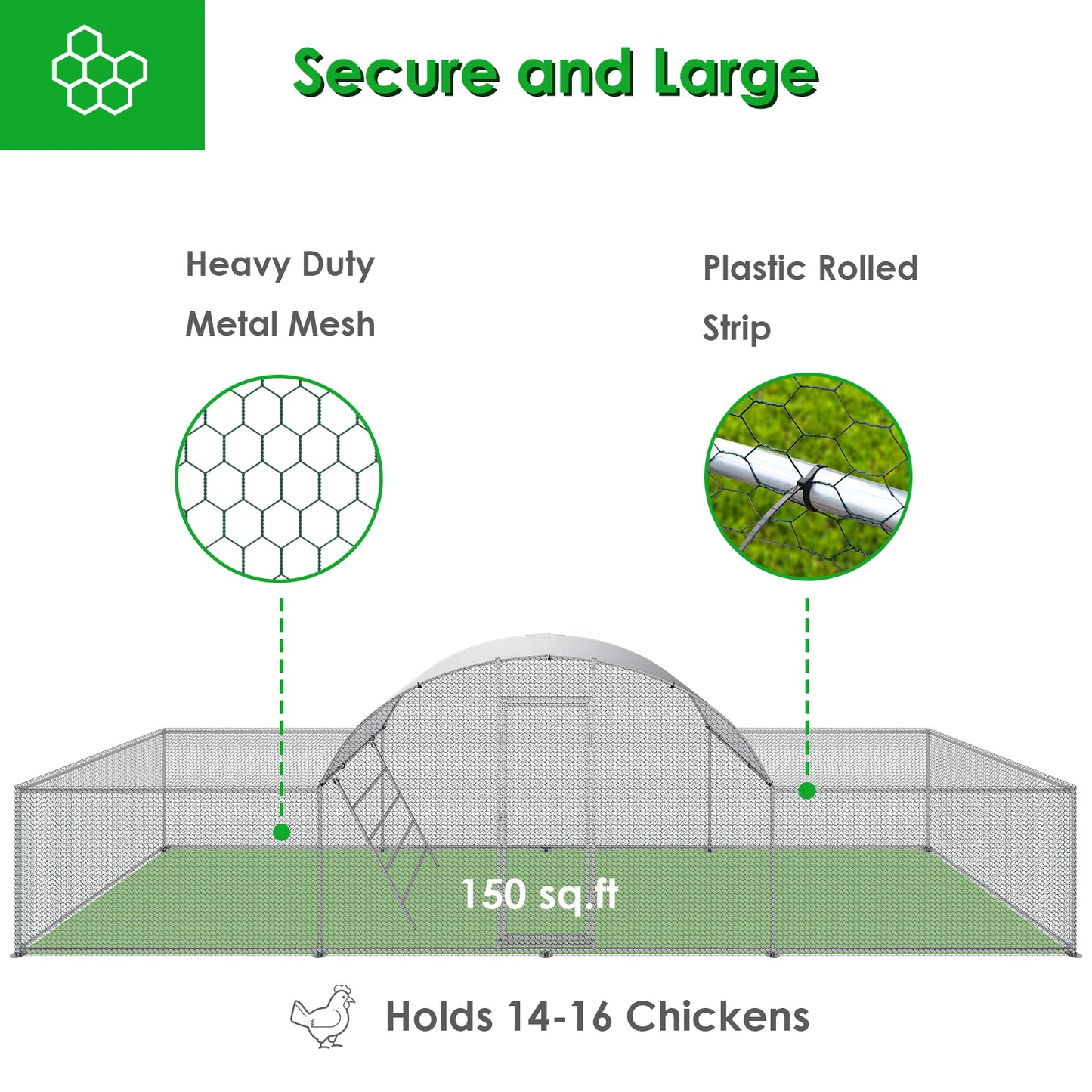 23ft Metal Chicken Coop 3-Room Dome-Roof Poultry Pen Large Hen Run Enclosure Walk-in Galvanized Duck Rabbit Cage House