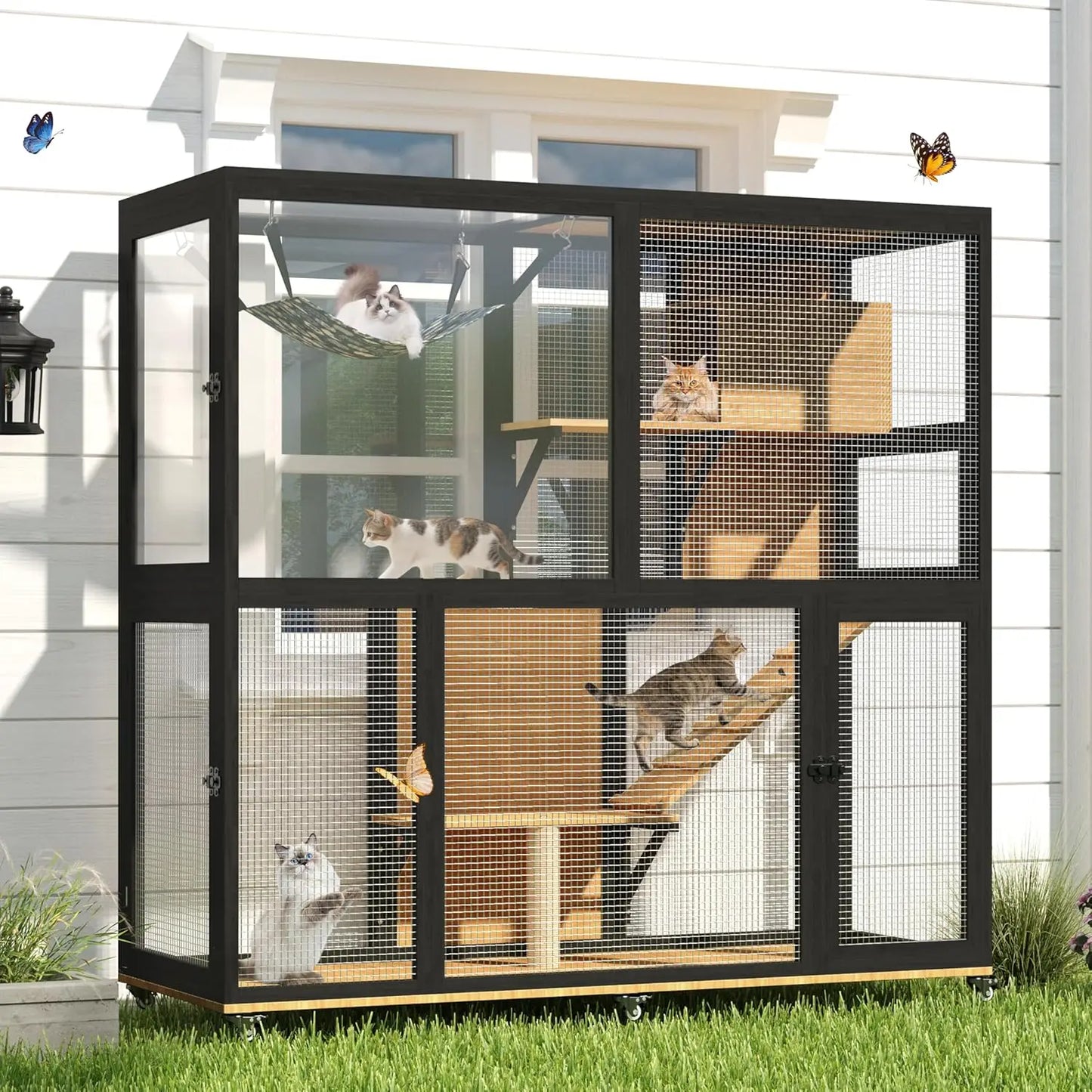 Catio Outdoor Cat Enclosure on Wheels, 4 Tier Large Cat House for Multiple Cats with Resting Box and Hammock, Indoor, Custom