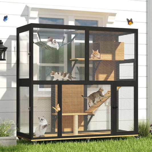 Catio Outdoor Cat Enclosure on Wheels, 4 Tier Large Cat House for Multiple Cats with Resting Box and Hammock, Indoor, Custom
