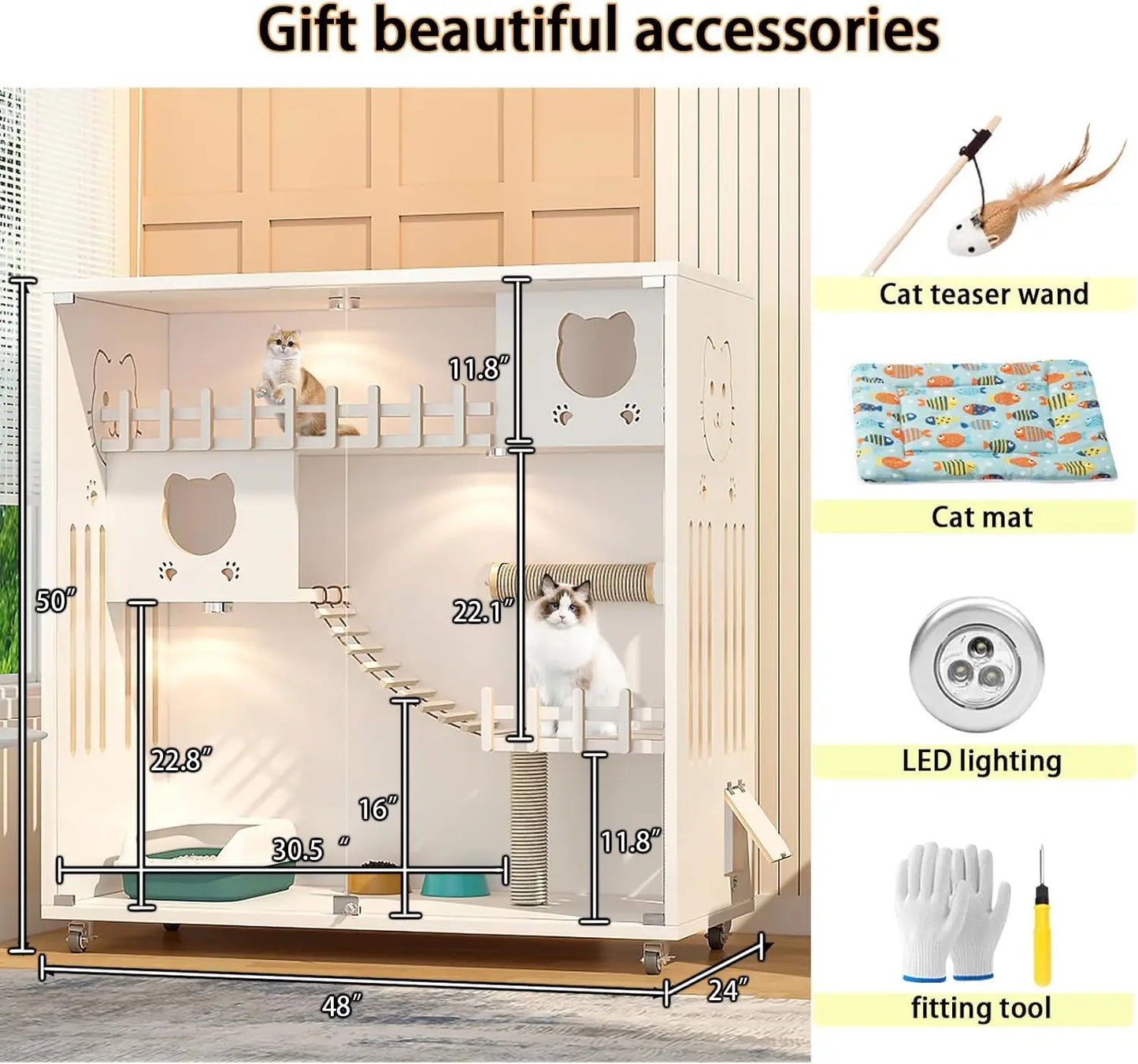 Large Cat Cage, Wooden Cat House for Outdoor/Indoor Cats, Multi-Feature Cat Condo with Scratching Posts and Wheels,, Custom