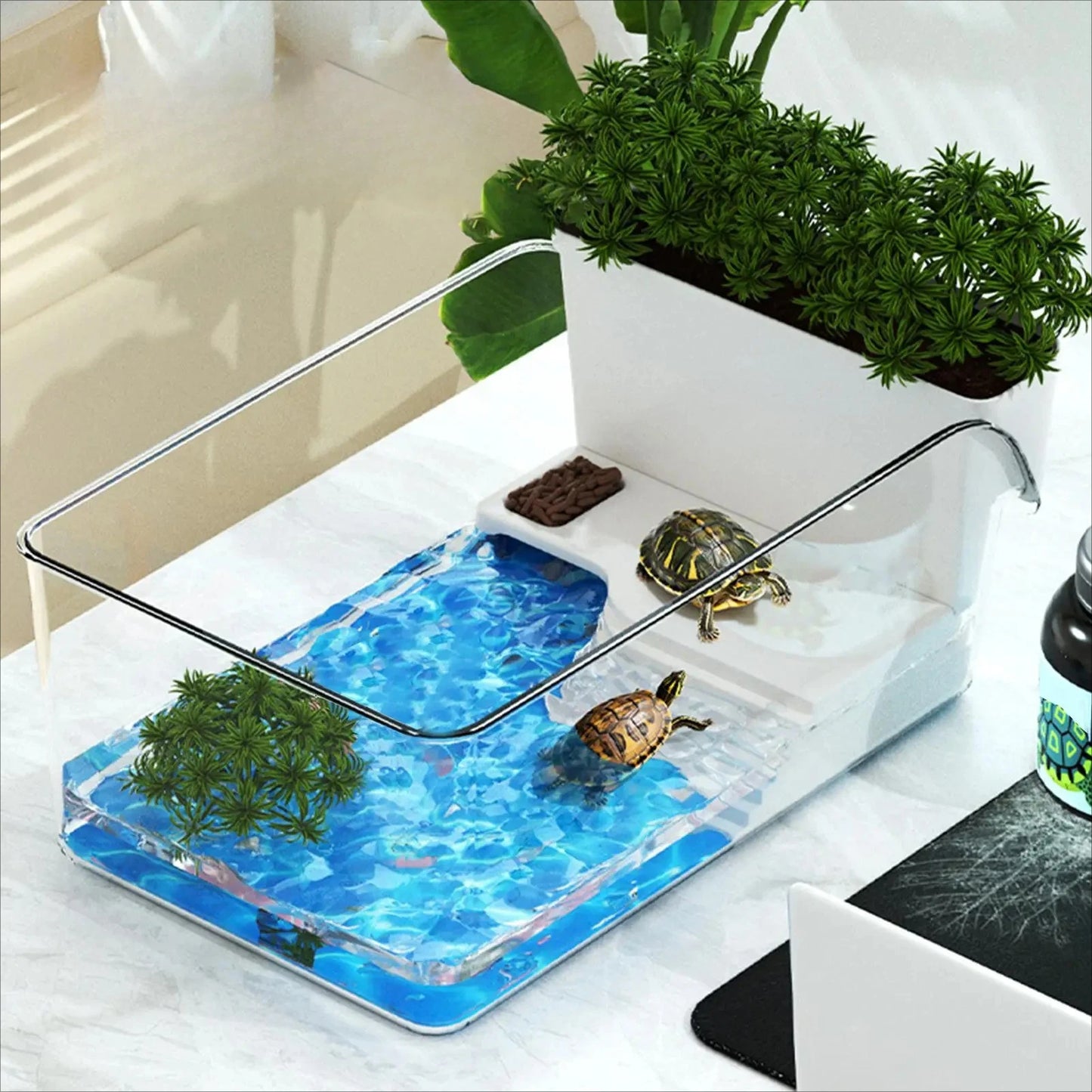 Turtle Tank with Basking Area, Transparent Reptile Terrarium Habitat for Pet Turtles, Hermit Crabs, Tortoise Adoption