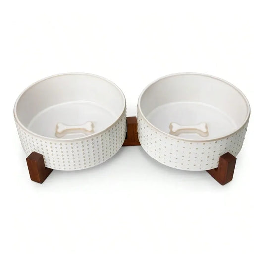 Dog Supplies Dogs Accessories Bowl Set With Walnut Wood Stand 6 Cups Ceramic Pet Bowls For Puppy Dogs Dual Food And Water Bowls